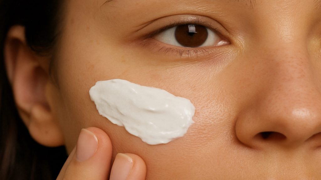 Woman applying adapalene cream to face