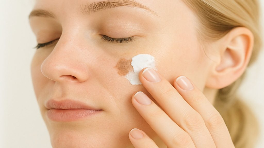 Woman applying glycolic acid cream to pigmentation on face