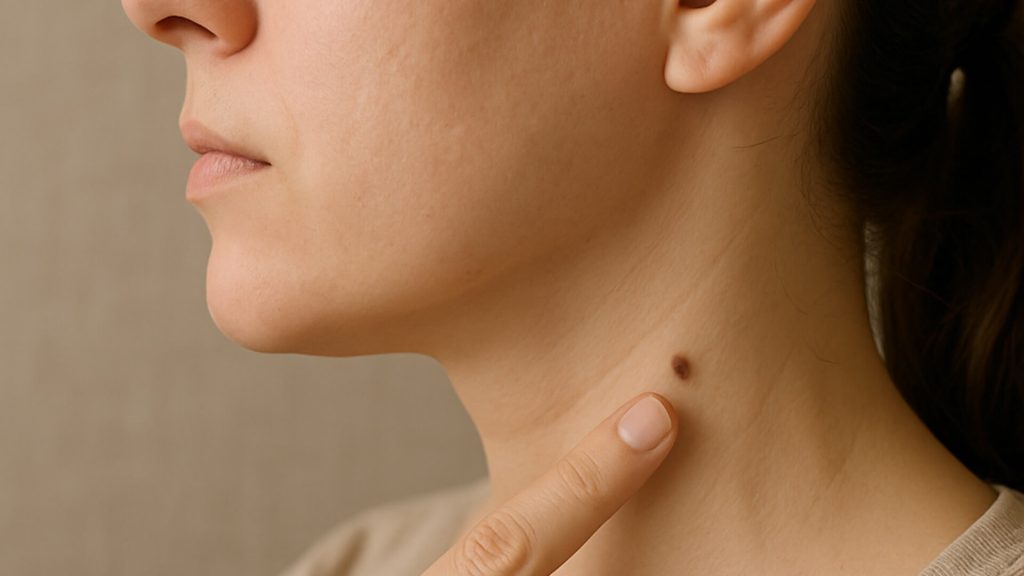 Woman pointing to mole on her neck
