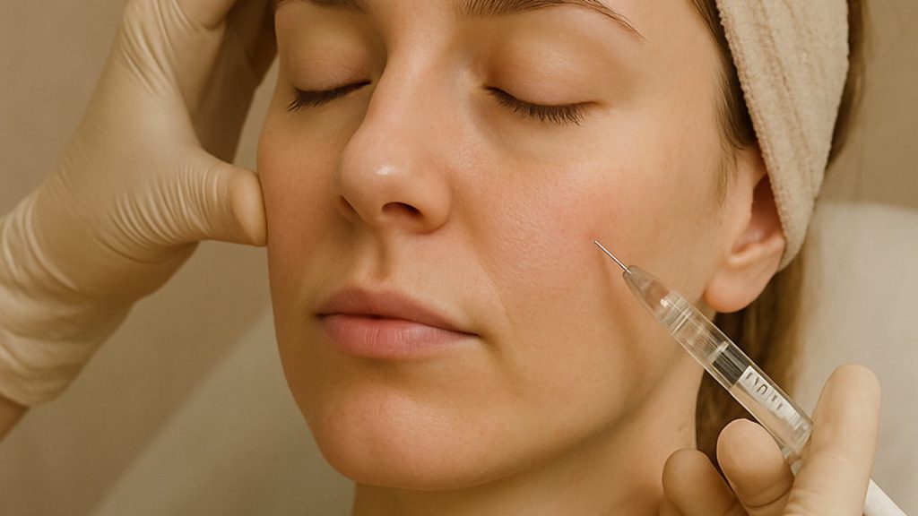 Woman receiving hyaluronic acid injection to cheek