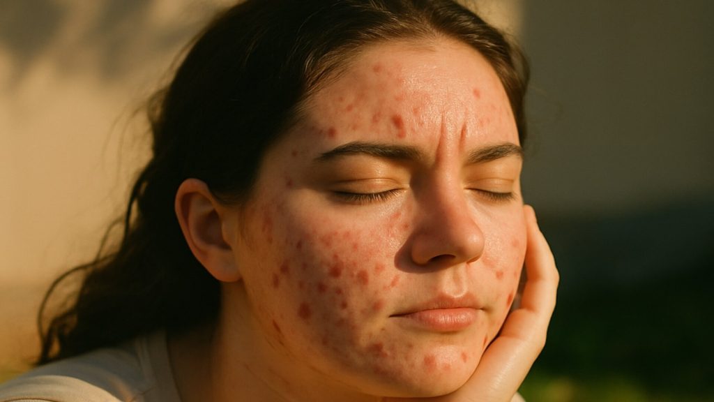 Woman with acne sitting in the sun