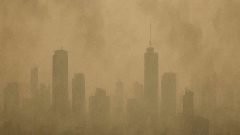 Air pollution and smog clouding city skyline