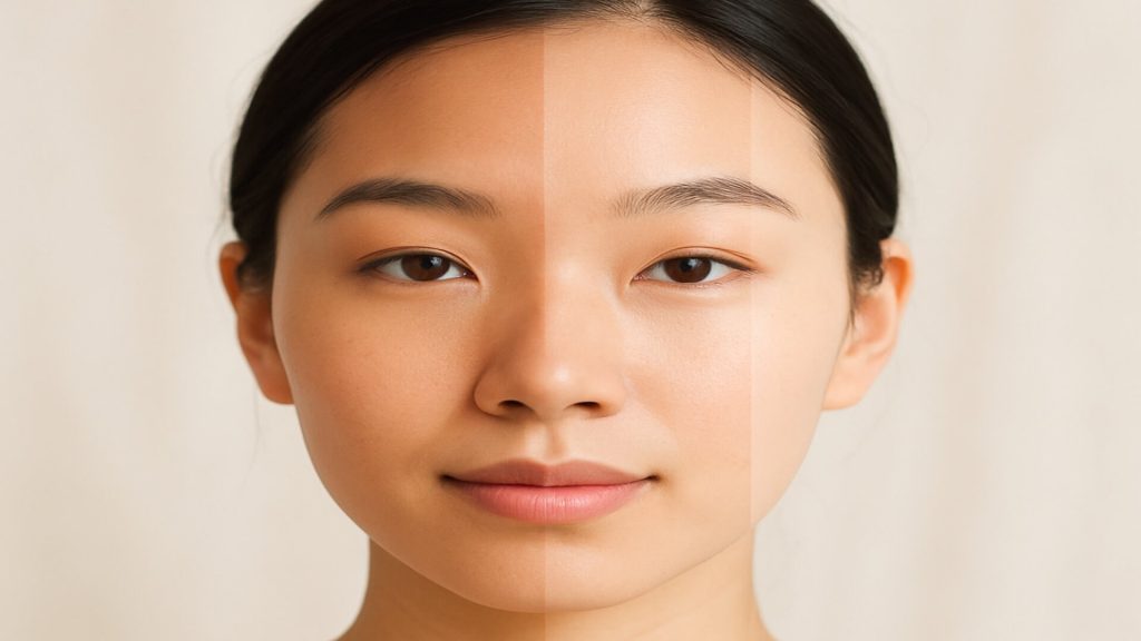 Asian model showing different stages of melanin lightening treatment