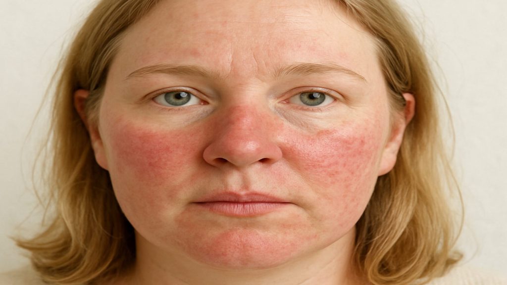 Closeup faceshot of woman with rosacea