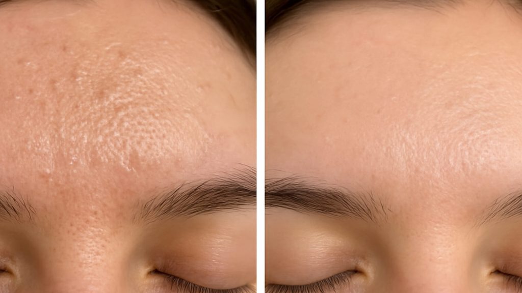Closeup of forehead before and after closed comedone extraction