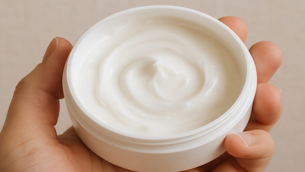 Hand holding open moisturiser tub