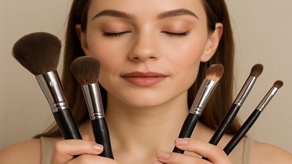 Model holding variety of makeup brushes