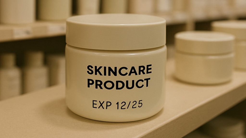 Skincare product on shelf with expiry date