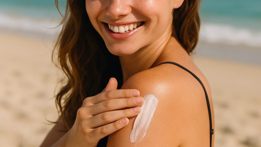 Smiling woman applying sunscreen on beach