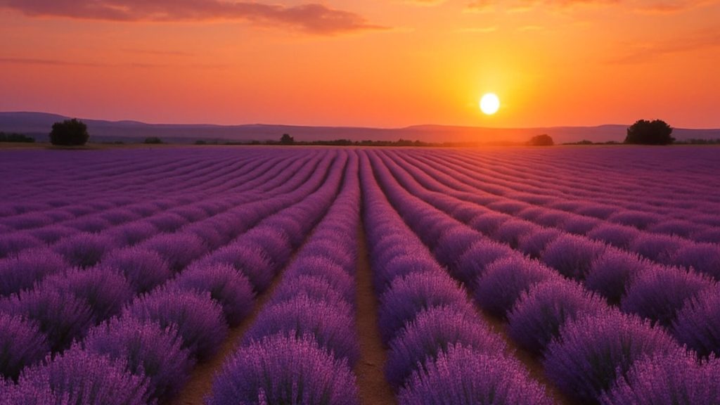 Tranquil field of lavender in front of sunset