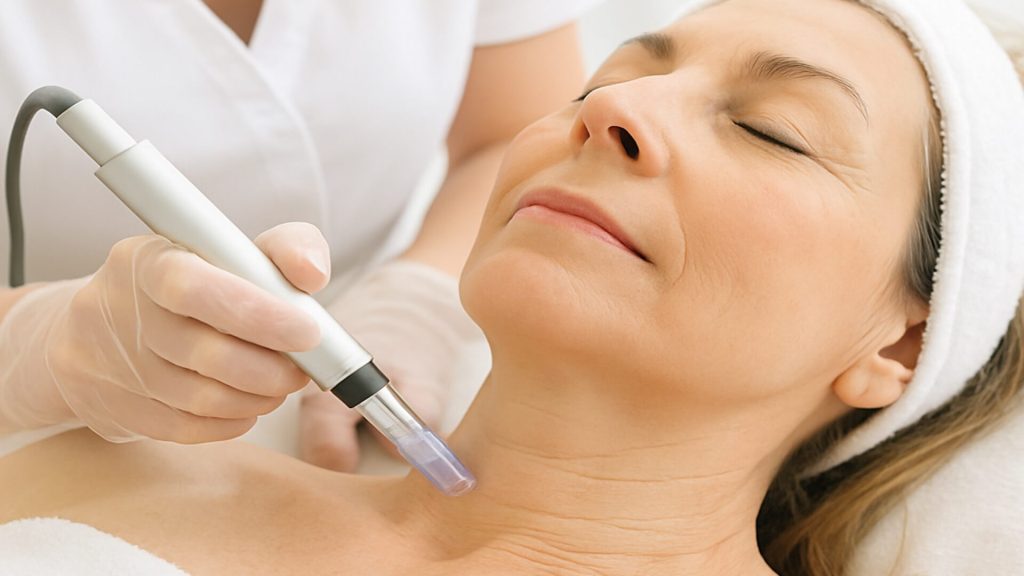 Woman receiving microneedling on neckline wrinkles