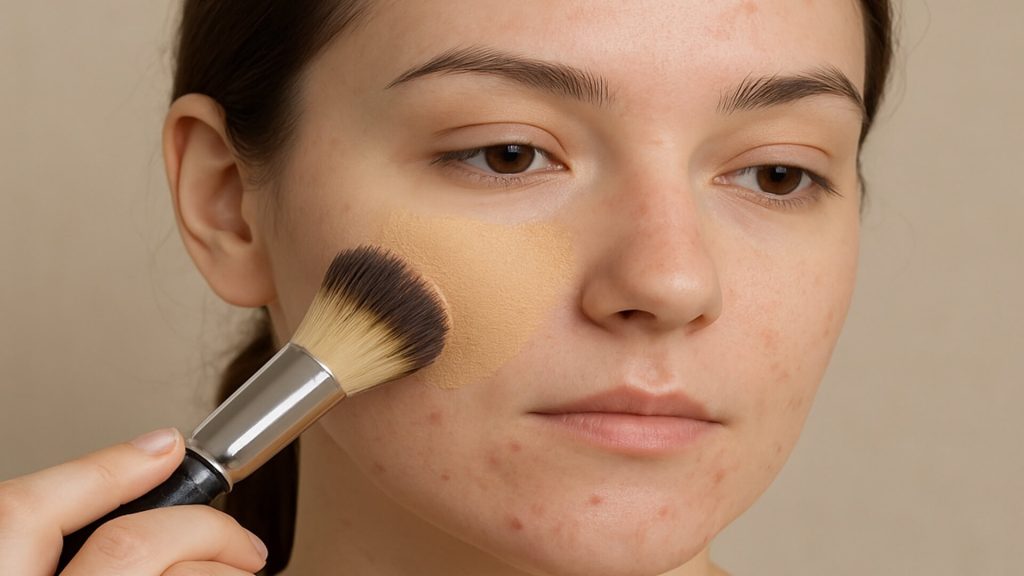 Woman with acne applying non comedogenic foundation