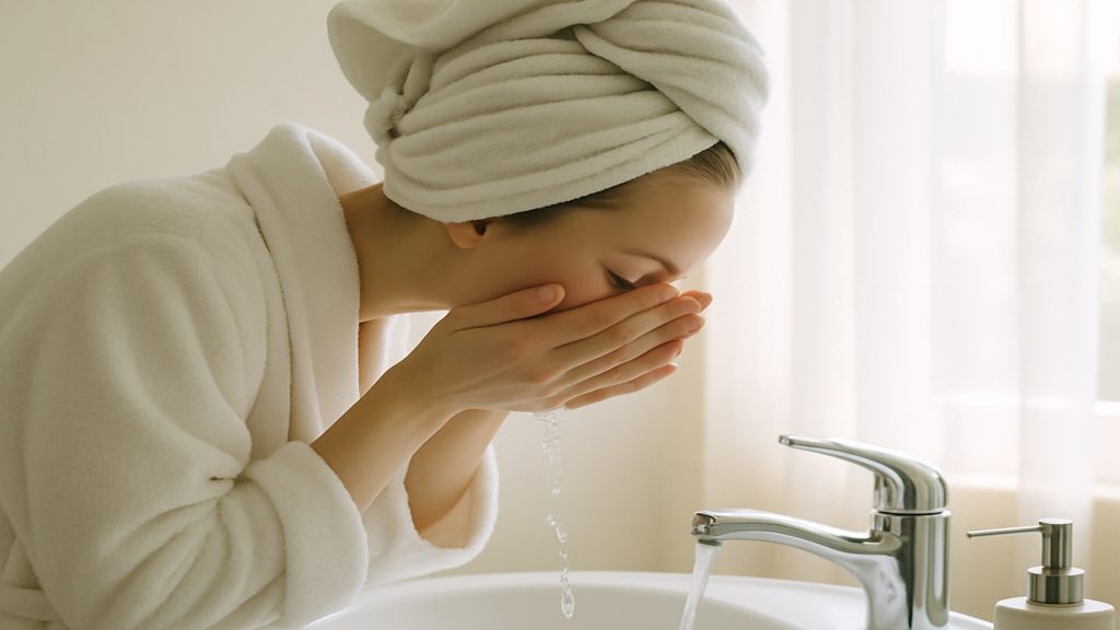 Woman with morning skincare routine at basin