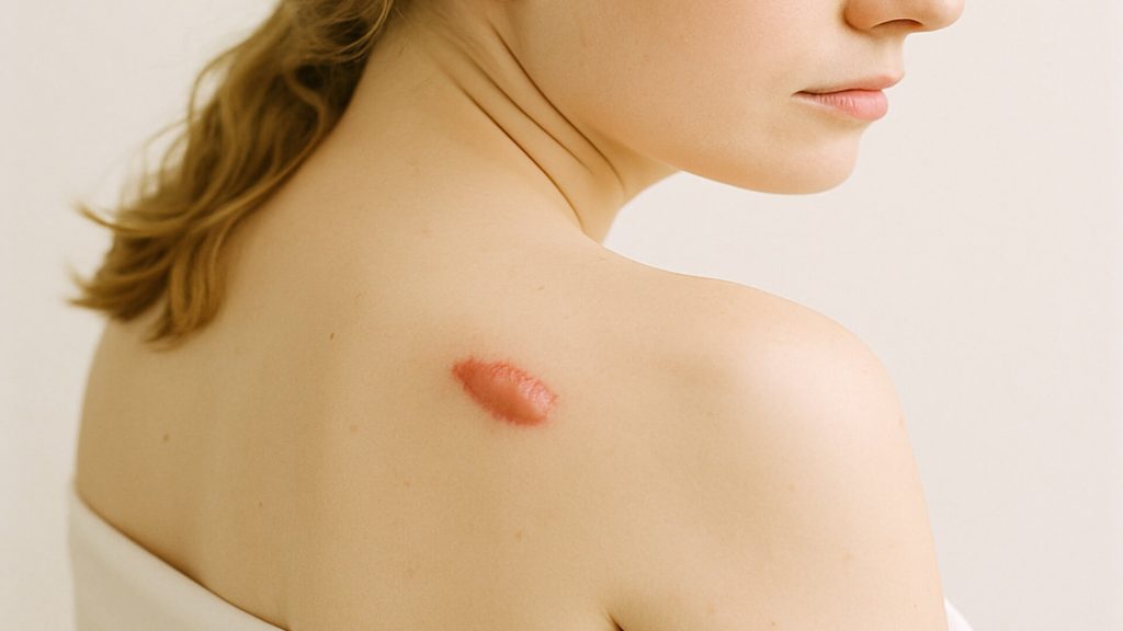 Woman with pale skin and keloid on back shoulder