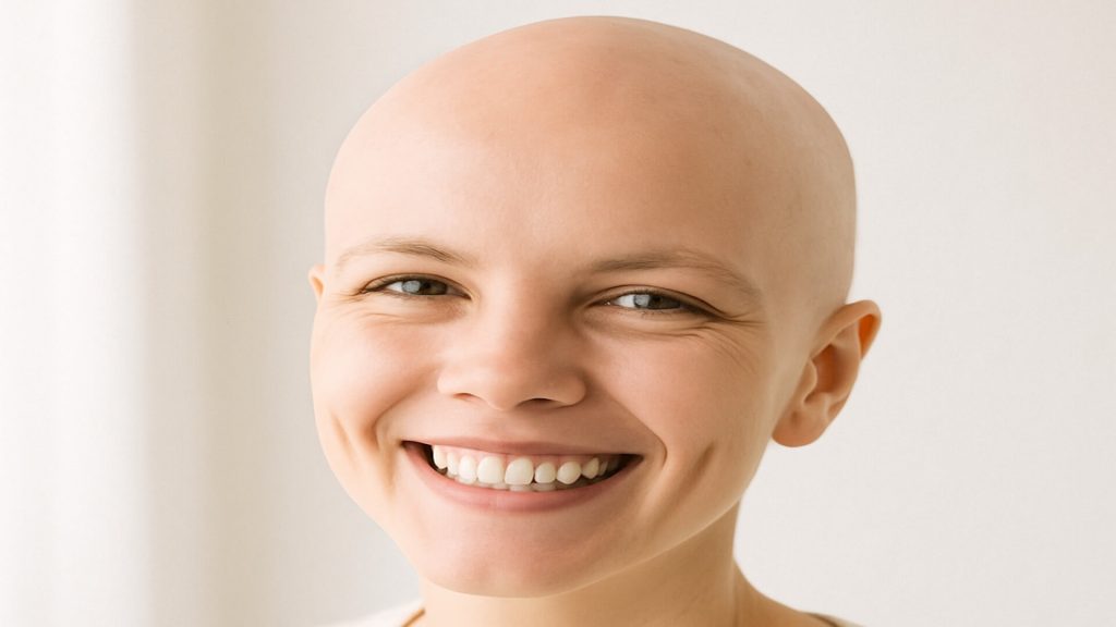 Young smiling woman with alopecia areata