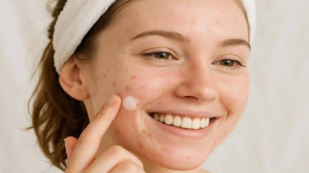Young woman smiling applying trifarotene cream to acne on face