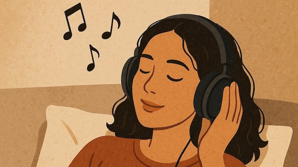 Vector woman happily listening to music