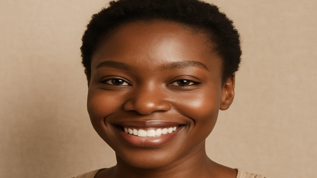 Black female model perfect skin smiling at camera