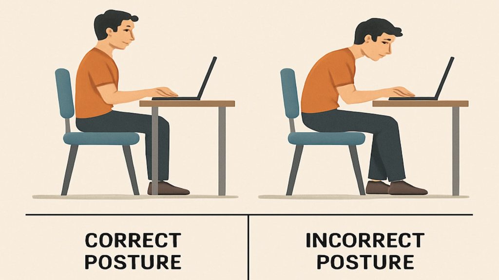 Correct posture incorrect posture sitting at desk on computer