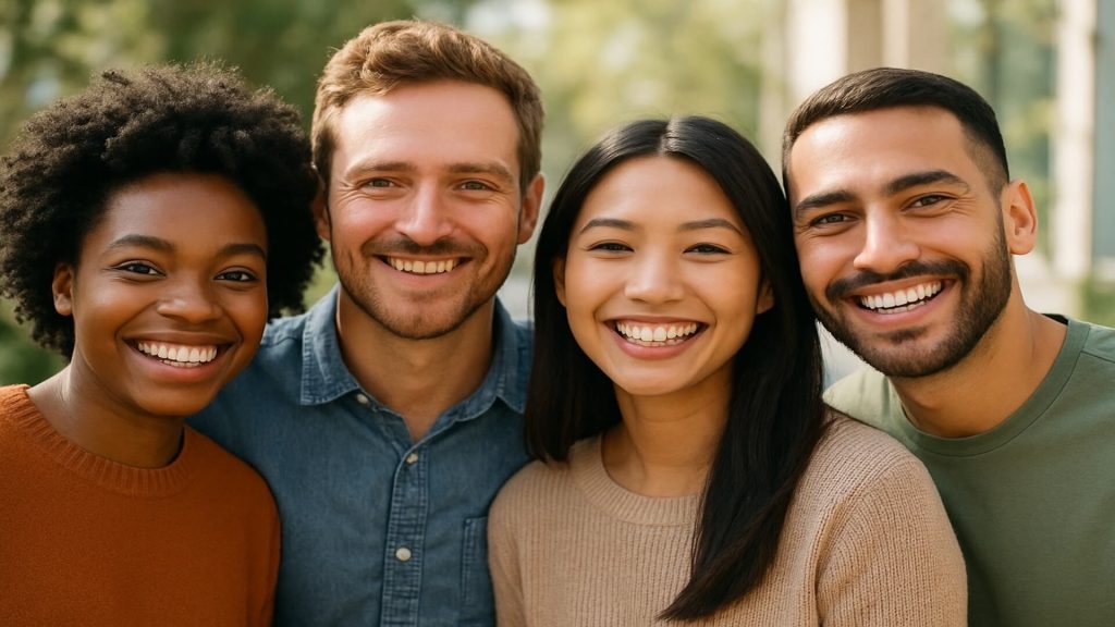 Four friends smiling together happily