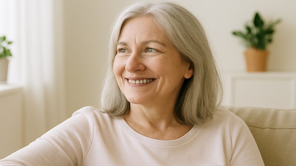 Menopausal aged woman sitting and smiling