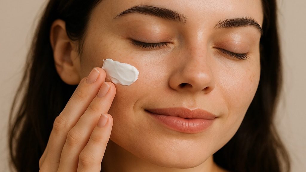 Model applying tranexamic acid cream to face