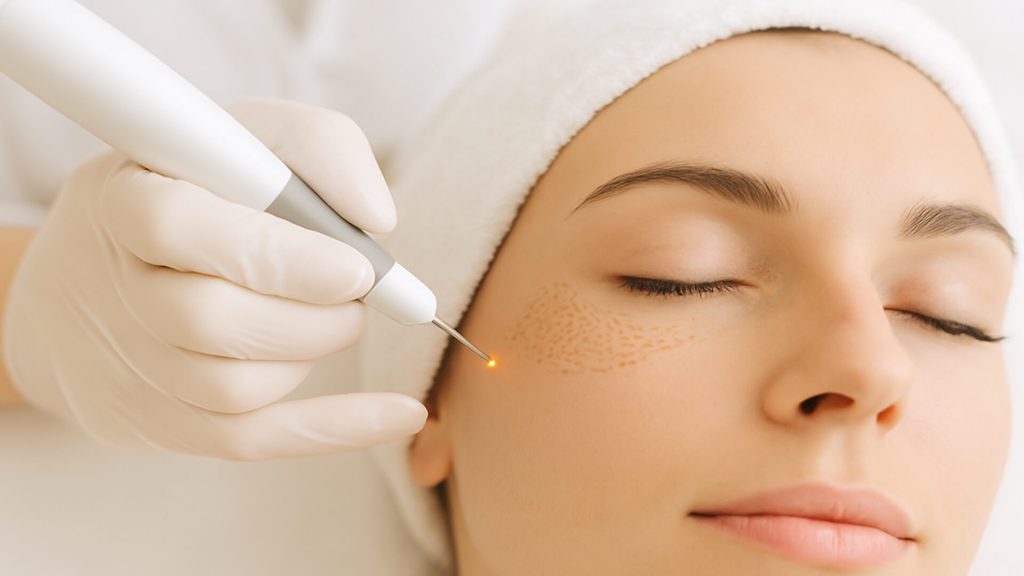 Woman receiving fibroblast treatment under eye area