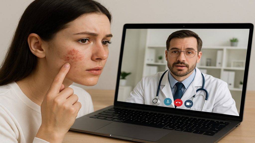 Woman receiving online skincare analysis for acne