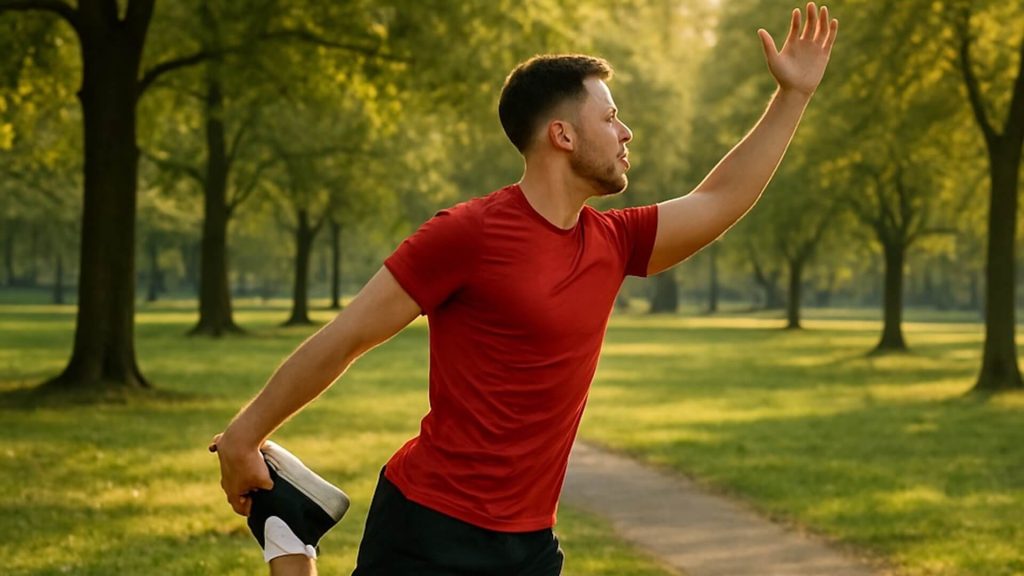 Young adult male stretching in sunlight in park