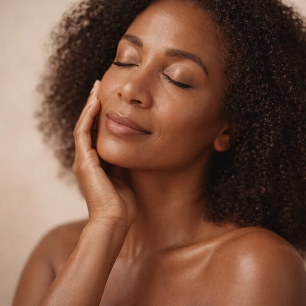 Middle aged black woman with curly hair gently touching her face, eyes closed on a beige background