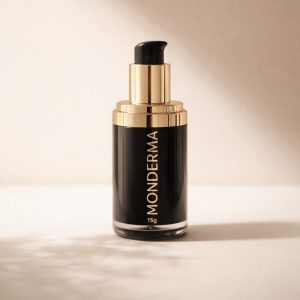 Monderma personalised skincare bottle photographed in soft luxury lighting on a beige background