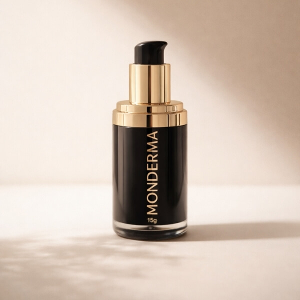 Monderma personalised skincare bottle photographed in soft luxury lighting on a beige background